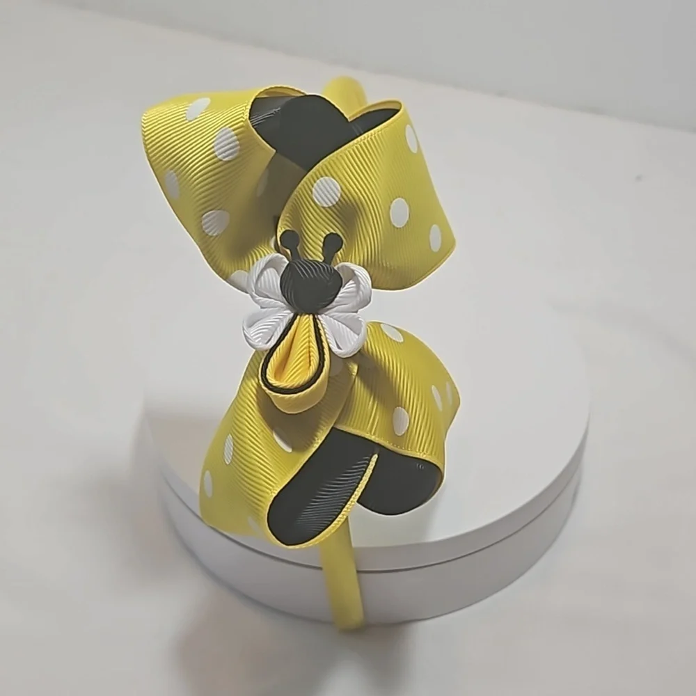 Hand Crafted Handmade Bow Hairband Yellow white polka-dot black contrast ribbon